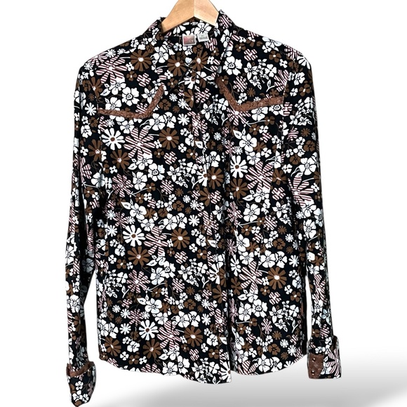 COWGIRL UP 100% Cotton Floral Western Shirt w/ Brown Lace Detail XL - Picture 3 of 13